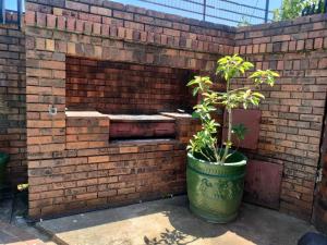 uma parede de tijolos com uma planta num vaso em Erima Lodge em Joanesburgo