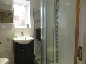y baño con lavabo y ducha acristalada. en Easter Cottage, en Dersingham