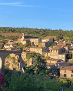 une petite ville avec un pont et une ville dans l'établissement appartement chez l'artiste, à Minerve