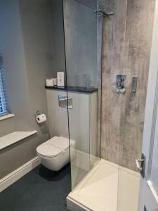 a bathroom with a toilet and a glass shower at Brathay Lodge in Ambleside