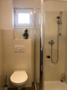 een badkamer met een toilet en een douche bij Chalupa Cácorka in Přední Výtoň