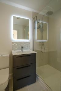a bathroom with a sink and a shower at Three Tuns - Garden Suite 3 in Wickham Market