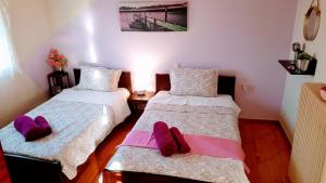 two beds in a room with purple and pink pillows at Marosrooms in Tríkala