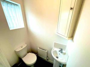 a bathroom with a white toilet and a sink at Whessoe House by Blue Skies Stays in Stockton-on-Tees