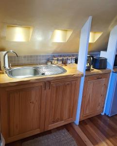 uma cozinha com um lavatório e um balcão em Loggers Loft em Stormsrivier