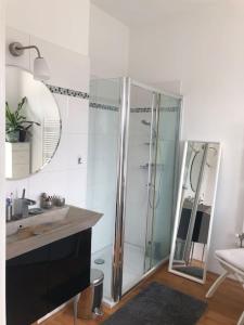 y baño con ducha, lavabo y espejo. en Stylish 3-bdrm apt. w/ terraces next to the beach en The Hague