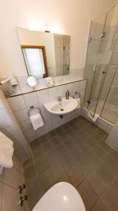 La salle de bains est pourvue de toilettes, d'un lavabo et d'un miroir. dans l'établissement Hotel Cristobal, à Hambourg