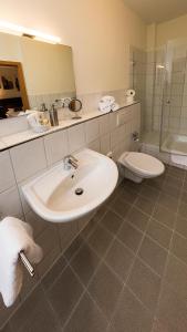 ein Badezimmer mit einem Waschbecken, einem WC und einem Spiegel in der Unterkunft Hotel Cristobal in Hamburg