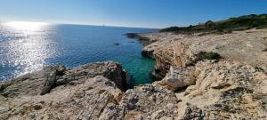 a view of the ocean from a rocky cliff at Apartmani Sunce i More in Premantura