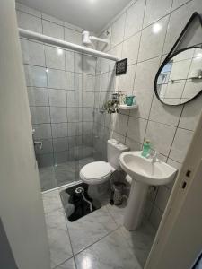 een badkamer met een toilet, een wastafel en een spiegel bij Apartamento Studio com banheiro privativo in São José