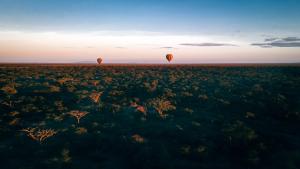 twee heteluchtballonnen die bij zonsondergang over een veld vliegen bij Gnu Ndutu Camp in Sinoni
