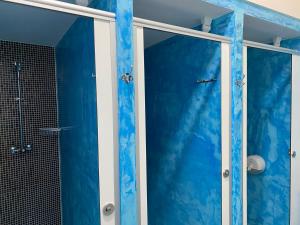 a blue bathroom with a shower and a mirror at Albergue O Santo in Arzúa