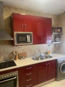 eine Küche mit roten Schränken, einer Spüle und einer Mikrowelle in der Unterkunft APARTAMENTO TURÍSTICO VEGA HOUSE in Córdoba