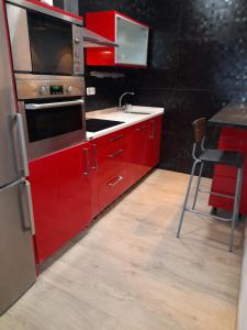 a kitchen with red cabinets and a stove top oven at VT SENALDE-GOIENURI in Llodio