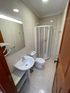 La salle de bains est pourvue d'un lavabo, de toilettes et d'une douche. dans l'établissement Casa Mojo, à Agüimes