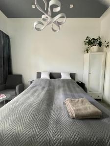 1 dormitorio con 1 cama y ventilador de techo en Remény apartman en Szeged