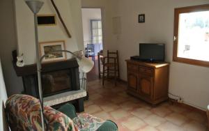 sala de estar con chimenea y TV en Le bastidon du grand chene, en Pontevès