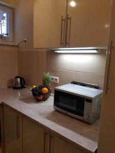 eine Küchentheke mit einer Mikrowelle und einer Obstschale in der Unterkunft Apartman Fine Rest Brcko in Brčko