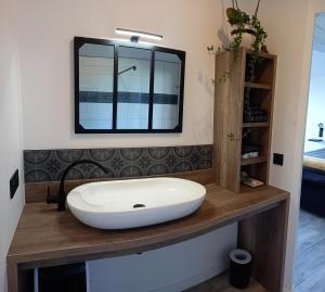 Monbahus的住宿－L'atelier d'André，木制柜台上带白色水槽的浴室