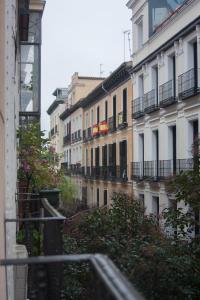 un gruppo di edifici con balconi e cespugli in una città di Hostal Santa Ana Colors a Madrid