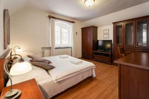 Dormitorio con cama, escritorio y TV en Vila Vyšehrad, en Luhačovice