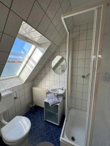 ein Bad mit einem WC, einem Waschbecken und einer Dusche in der Unterkunft Haus Anker in Neuharlingersiel