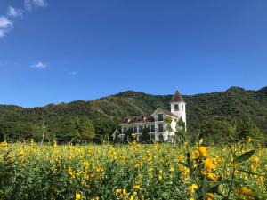 uma casa no meio de um campo de flores em Salzburg B&B em Yuemei