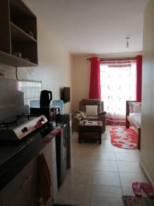 a kitchen with a stove and a living room at Eden's Studio apartment in Syokimau