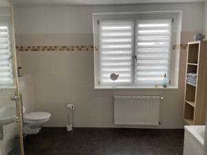 een badkamer met een toilet en een raam bij Fewo 1 - a79673 in Maagdenburg