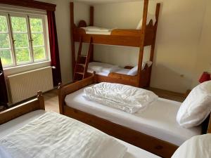 1 Schlafzimmer mit 2 Etagenbetten und einem Fenster in der Unterkunft Haus Onel in Schmallenberg