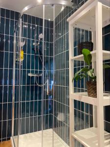 a bathroom with a shower with blue tiles at Masonic Arms Gatehouse in Gatehouse of Fleet