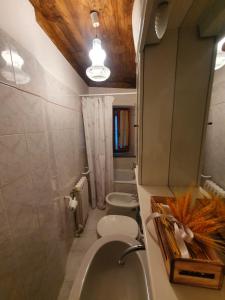 bagno con 2 servizi igienici, lavandino e specchio di Casa Vacanze CAROLE a Fivizzano
