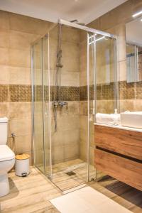 a bathroom with a shower and a toilet and a sink at View Villa in Skiathos