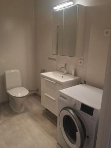 een badkamer met een wasmachine en een toilet bij Nybyggd marklägenhet strax utanför Torekov! in Båstad