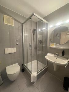 ein Bad mit einer Dusche, einem WC und einem Waschbecken in der Unterkunft KRYSTALL Hotel in Filderstadt