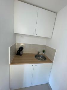 a small kitchen with a sink and white cabinets at Studio D Cosy Parc des expositions Roissy CDG Airport in Vaujours
