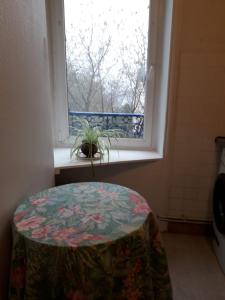 una mesa frente a una ventana con una planta en "Authentique" - appart étage 1 - Loc'h finistère - N4, en Quimper