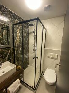 a bathroom with a shower and a toilet and a sink at Prenociste Lane in Ključ +6 photos
