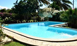 - une piscine dans une cour avec des arbres et des buissons dans l'établissement La Bougainvillée, à Saint-François
