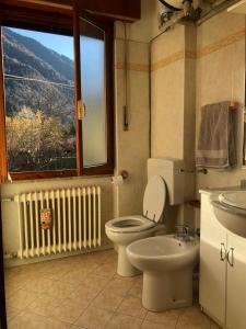 baño con aseo y lavabo y ventana en Mountain House en Rigolato