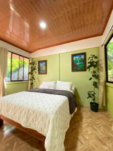 1 dormitorio con 1 cama con paredes y ventanas verdes en Grettel´s House Apartments, La Fortuna de San Carlos, en Fortuna