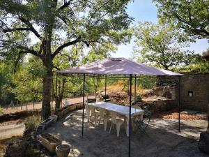 una mesa de picnic bajo una sombrilla en un patio en Canto perdigal, en Caylus
