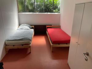 ein kleines Zimmer mit 2 Betten und einem Fenster in der Unterkunft Monteursparadies 4 DZ, 2 Bäder, einfach gut in Haßloch