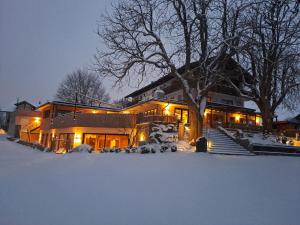 a house in the snow with a tree in front of it at Hotel-Pension Seebad "Seegenuss-Natur-Spa" in Sulzberg