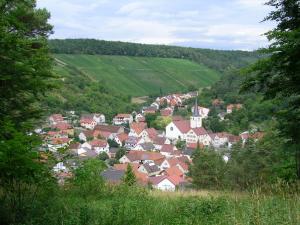 a town with houses and trees in a valley at Ferienwohnung Haus am Singberg in Ramsthal