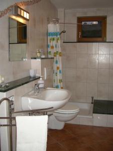 a bathroom with a sink and a toilet and a tub at Ferienwohnung Haus am Singberg in Ramsthal