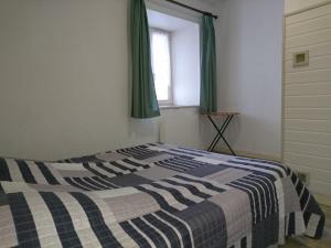 a bedroom with a bed and a window with green curtains at Les Appartements de Johann in Besse-et-Saint-Anastaise