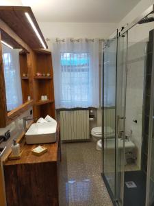 uma casa de banho com um chuveiro, um lavatório e um WC. em Romantiche Orobie B&B em Bordogna