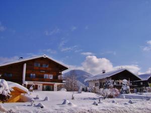 eine Skihütte mit Schnee auf dem Boden und Gebäuden in der Unterkunft Gästehäuser Schwemmbauer in Reit im Winkl