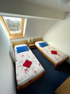 twee bedden in een kleine kamer met een raam bij Pohoda u Lva in Nová Pec